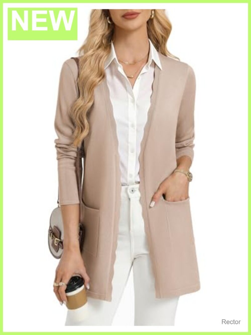 Long Open Front Cardigan Sweater Scalloped Placket Patch Pockets Business Casual